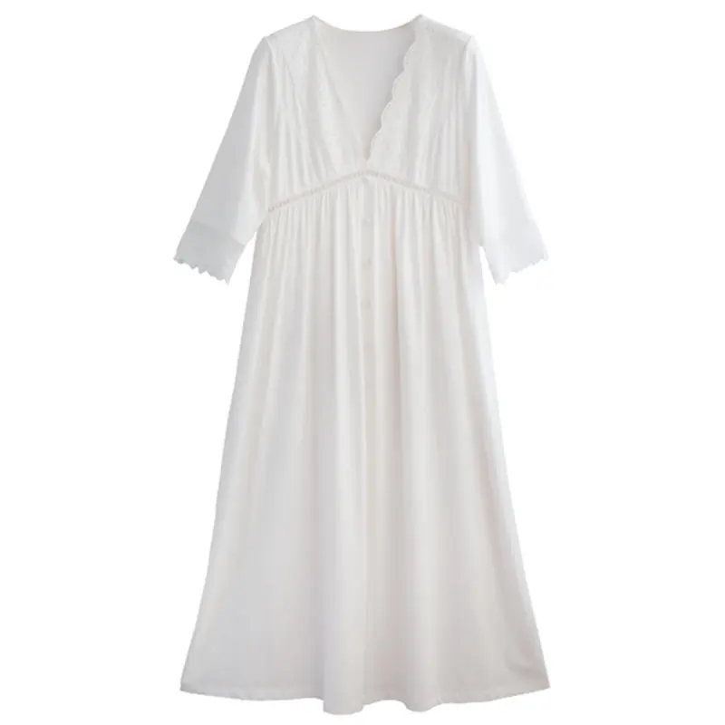 Элегантная открытая кружевная женская ночная одежда с v-образным вырезом в стиле пэчворк, домашняя одежда, белое хлопковое ночное белье, винтажная ночная рубашка, халат T489