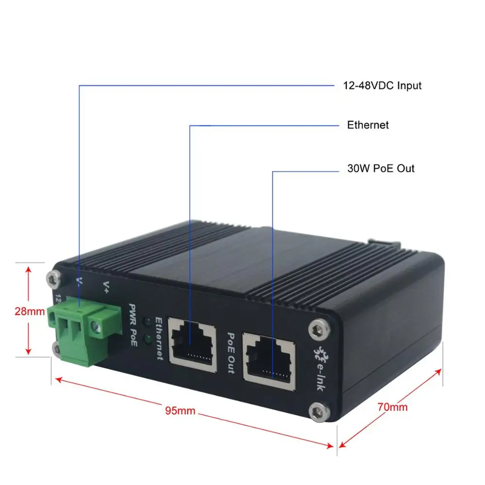 Industrial Power Over Ethernet Adapter Din-Rail 10/100/1000Mbps Gigabit PoE+ Injector with 12~48V DC Input
