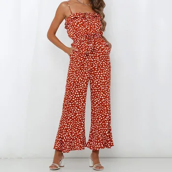 

2020 spring new European and American fashion hot sale ruffled wave dot print sling wide leg pants women