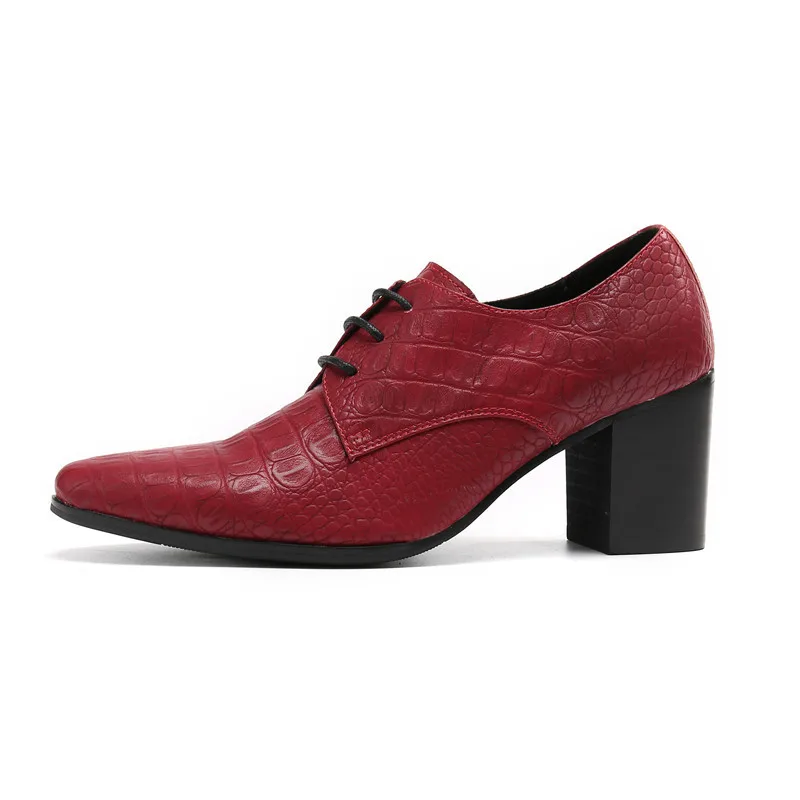 Red Embossed Leather Wedding Dress Shoes Men High Heels Men's Career Work Pointed Toe Lace Up Height Increase Shoes Size 37 46