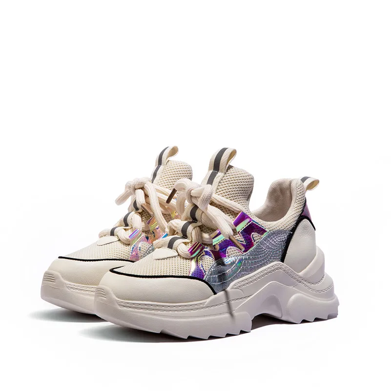 

2020 Quality Genuine Leather Women Flats Platform Sneakers Corss-tied Breathable Casual Walking Shoes Woman