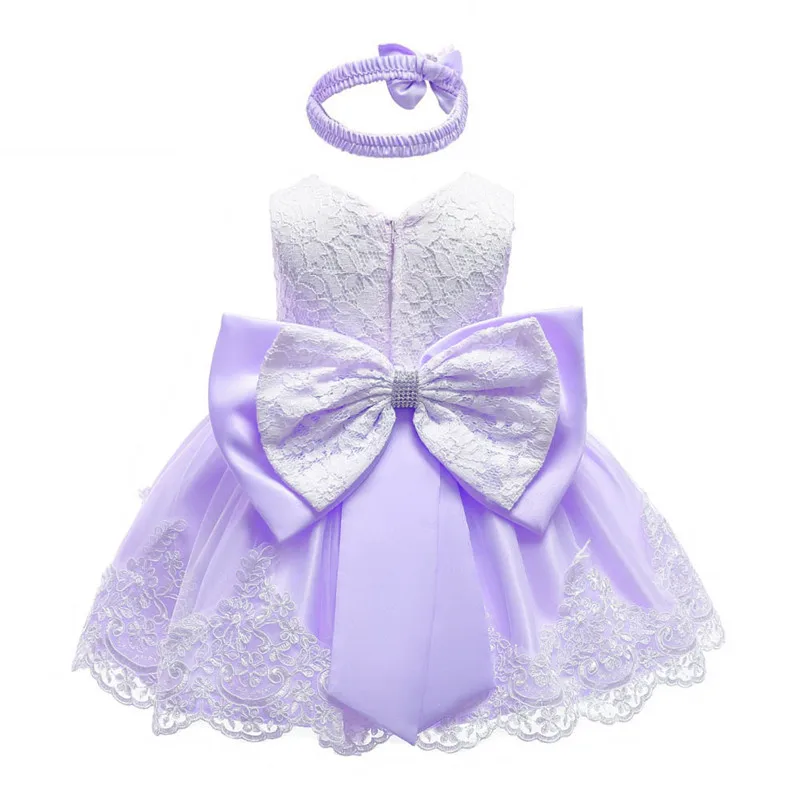 Платье принцессы для маленьких девочек от 0 до 24 месяцев кружевные платья для свадебной вечеринки, дня рождения бальное платье без рукавов с большим бантом детская одежда - Цвет: Фиолетовый