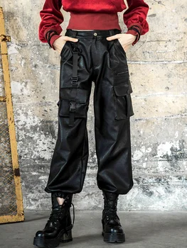 

PUNK RAVE Women Punk Loose Slim Tooling Pants Female New Autumn Dark Black PU Leatgher Beam Foot Casual Pants