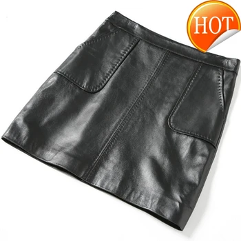 

Genuine Classic Black Leather Skirts Womens Fashion High Waist Real Sheepskin Sexy Mini Skirt Plus Size Women Streetwear Clothes