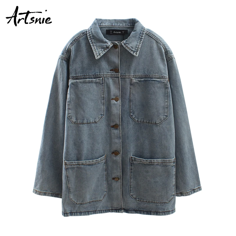 

Artsnie blue casual denim women jackets autumn 2019 turn down collar long sleeve coats streetwear double pockets jeans jackets