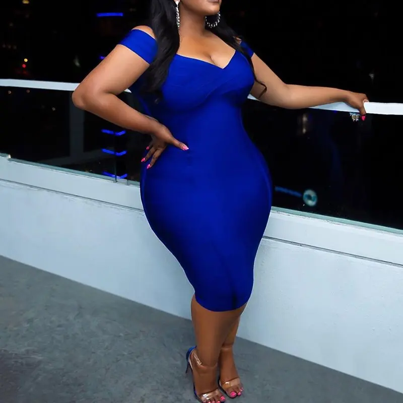 

Sexy Plus Size Blue Bodycon Dresses 2019 Off Shoulder Dinner Club Christmas Female Midi Dress Robe Party African Lady Vestiods
