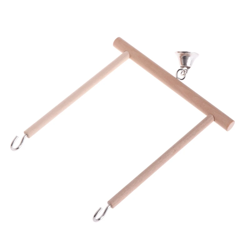 Birds Perch Parrot Play Toys Stand Holder natural Wooden Swing Bell Cage Hanging 4