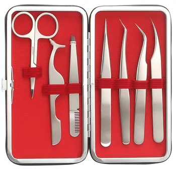 

7pcs/set anti-rust Eyelash Extension Tool Kit Tweezers False Eyelashes Applicator Eyebrow Scissors with black leather case