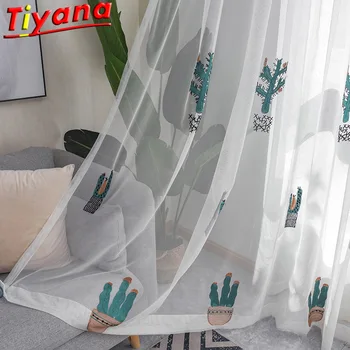 

Cute Cactus Embroidery Curtains for for Living Room Cartoon Plant Tulle for Children's Home Decoration Drapes Boys Girs HM406*30