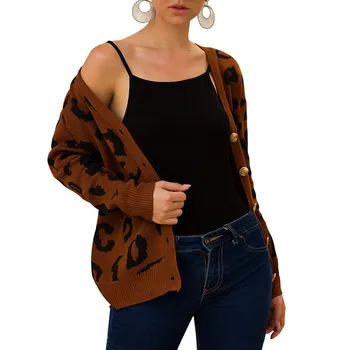 

Knitted Cardigan sweater Women Sexy Fashion Knitted Leopard Print Long Sleeve Elasticity shirt Sweater Coat sueter mujer 2019