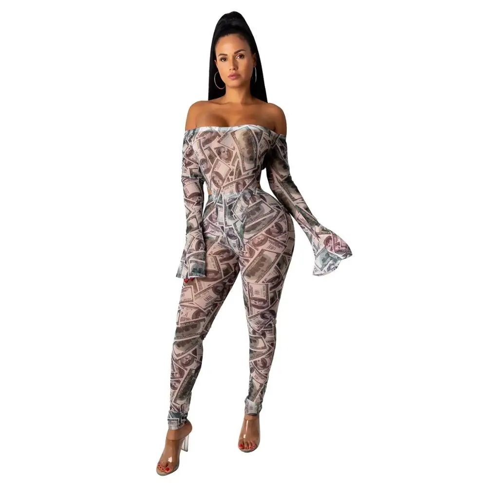 

Hot Sale Sexy Mesh Printing One Shoulder Horn Sleeve Woman Two Piece Outfit Set