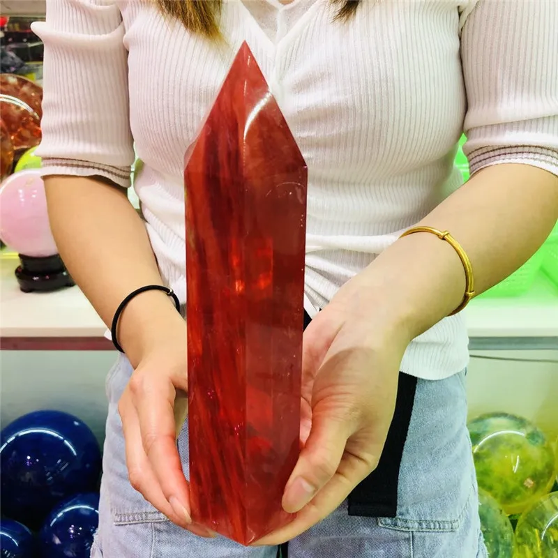 Red Smelting Quartz Crystal Point Healing Obelisk Hexagonal Wand