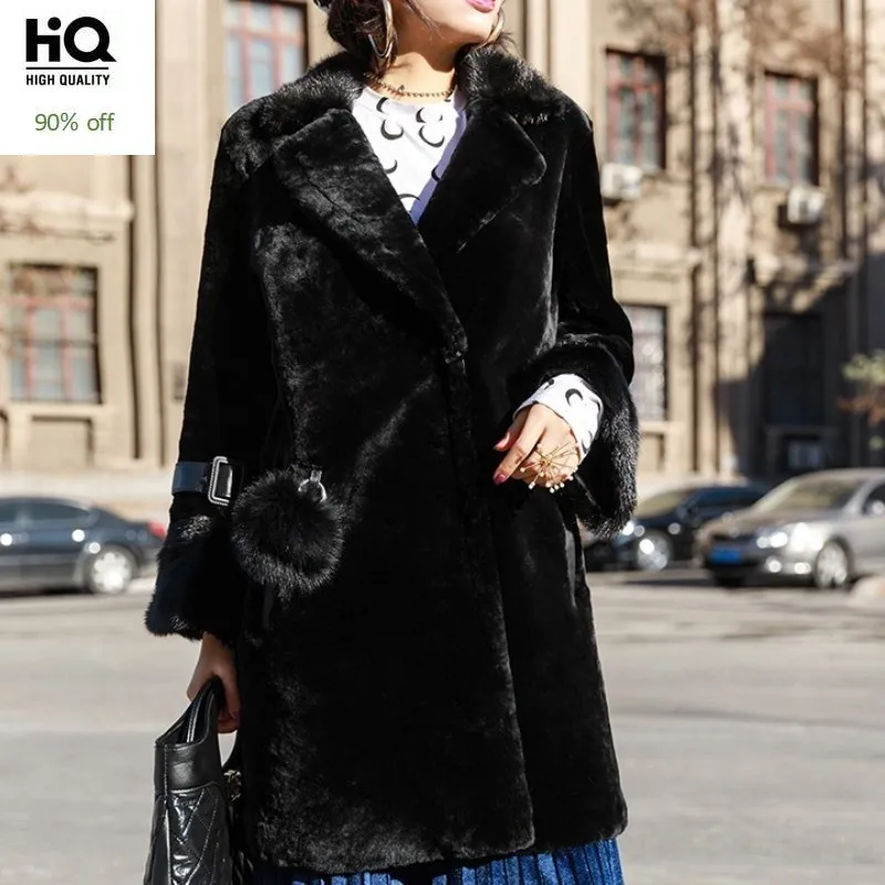 

Luxury Mink Fur Collar Overcoat Women Streetwear Winter Warm Elegant Coat Brand Loose Real Fur Wool Black Office Lady Outerwear