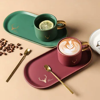 

2pcs Nordic Art Luxury Phnom Penh Ceramic Coffee Cup and Saucer Set European Afternoon Tea Couple Milk Mug Snack Tray 200ml Gift