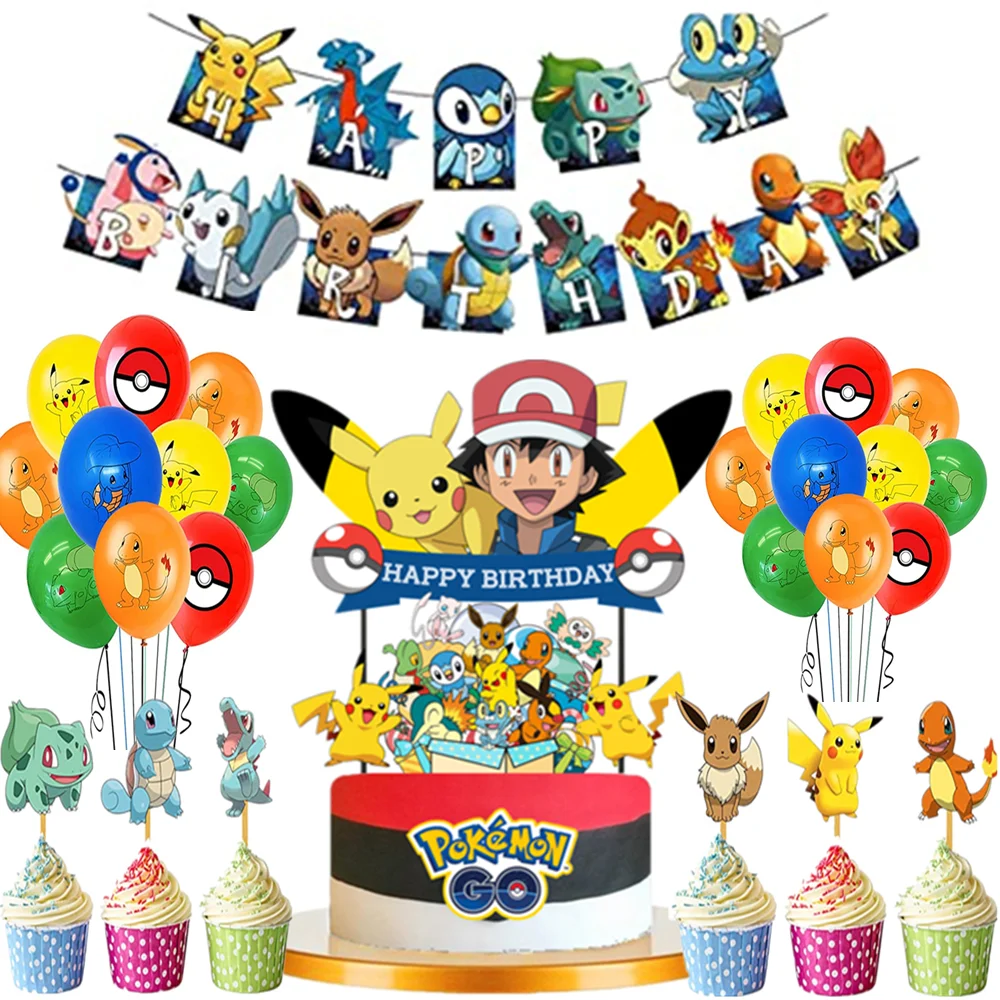 ポケモンケーキ用品誕生日おめでとうバナーピカチュウpokeballカップケーキケーキ挿入旗ケーキトッパーdiyパーティー風船 Cake Decorating Supplies Aliexpress