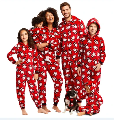 

2020 Parent-Child Christmas Nightclothes Hooded Romper Family Matching Christmas Santa Printed Zipper Closure Long Pants