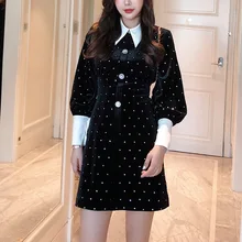 Высококачественное настраиваемое осеннее и зимнее Новое Стильное черное платье средней длины с v-образным вырезом для женщин, новинка