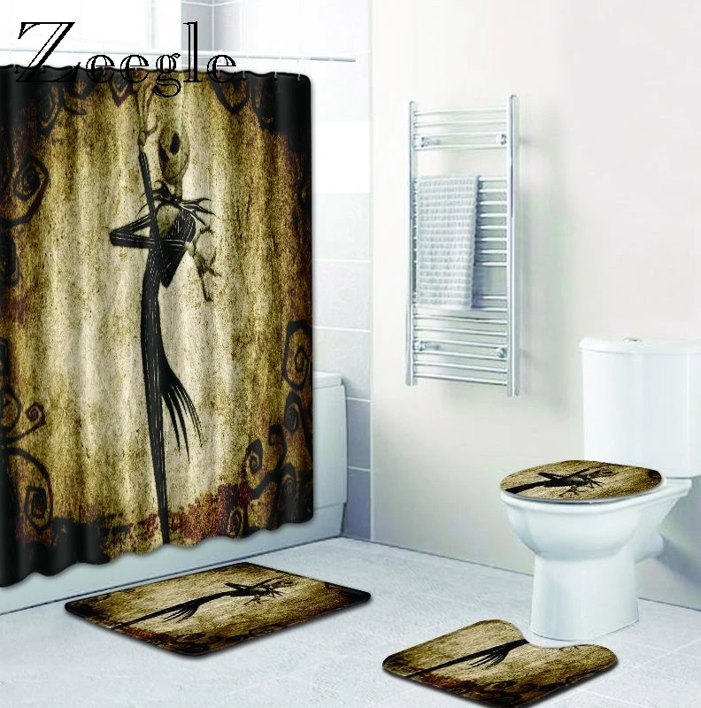 Zeegle Halloween Bath Mat Set with Shower Curtain Anti Slip Bathroom Doormat Shower Mat Absorbent Toilet Pedestal Rug Toilet Set