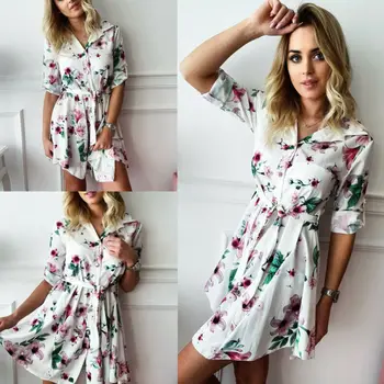 

Women Wrap Summer Boho Print Floral Paisley Mini Sun Shirt Dress Frill Ladies Holiday Jumpsuits Beach Sundress