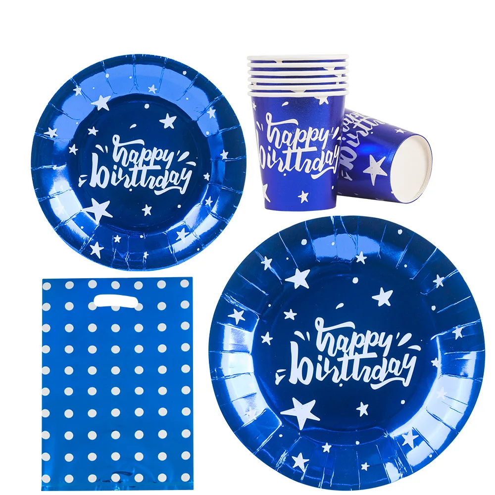 

Laser Blue Theme Happy Birthday Party Supplies Disposable Tableware Paper Plates Cups Gift Bag Baby Shower Wedding Party Set