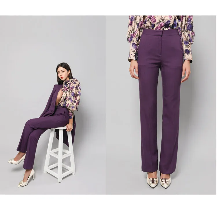 Осень весна корейский фиолетовый приталенный деловой Блейзер+ брюки 2 предмета Комплект женский офисный женский пиджак с фигурным вырезом брюки костюмы