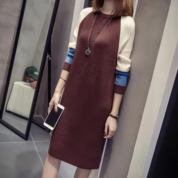 

Straight Dress Women Large Size Autumn Long-Sleeve Dress Ladies Color Patchwork Dresses Female O-Neck Knee-Length Vestidos