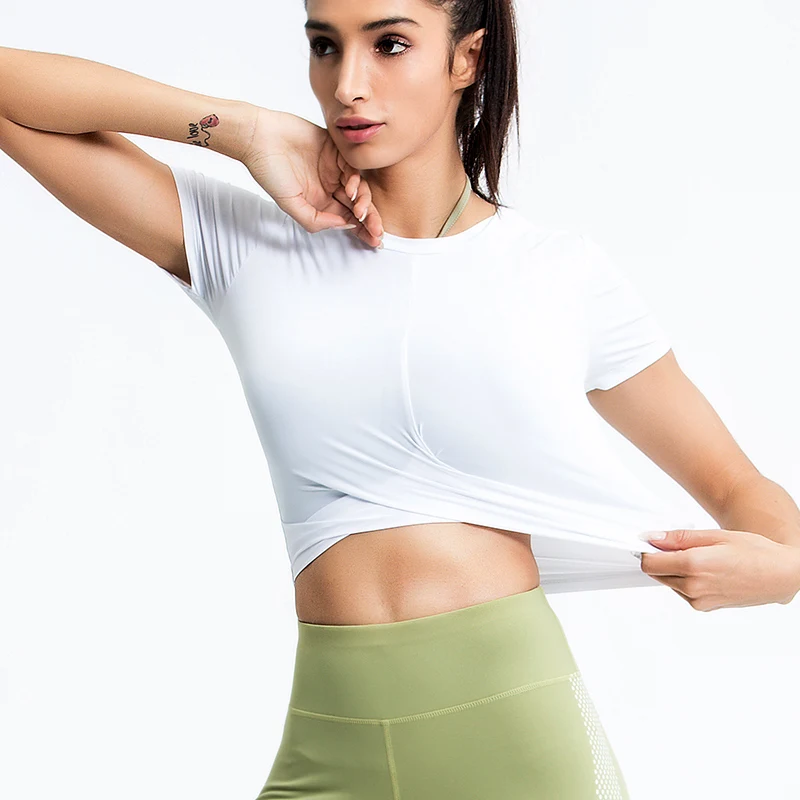 Women Sexy Crop Tops Gym Yoga Shirts Short Sleeve Workout Tops Running Sport T-Shirts High Elasticity Breathable Fitness Sportsw