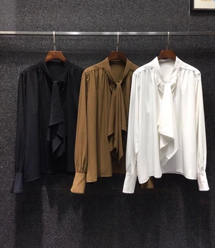 

2020 Early Autumn New Women's Neckline Ribbon Knot Decoration Solid Color Long-Sleeved All-match Shirt 815