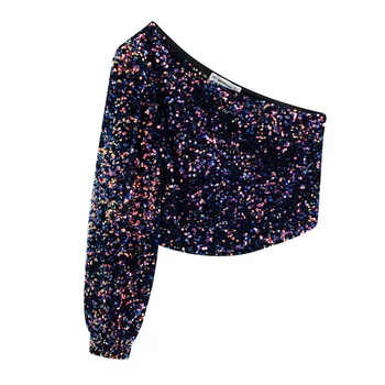 

Sexy Women Top Autumn 2019 New Fashion Shiny Sequins Single Off Shoulder Modern Lady Blouse