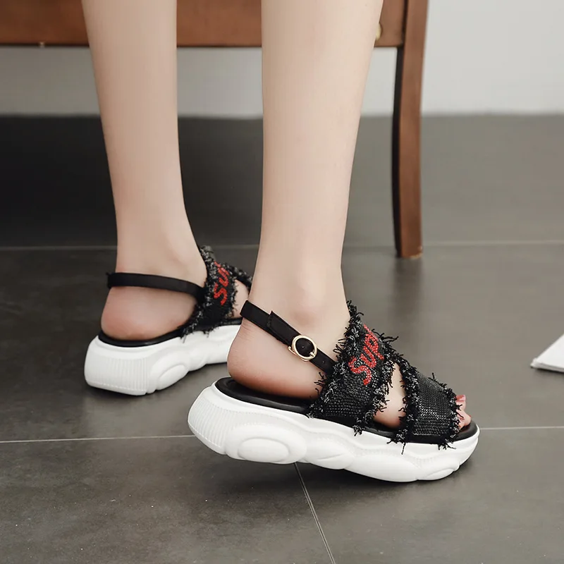 

2019 Summer Dad Shoes Women's A- line Buckle Extra High Thick Bottomed Platform Shoes Open Toe Flat Casual Sandals 1645-7