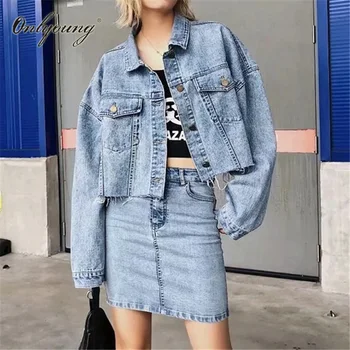 

Onlyoung 2020 Autumn 2 Piece Set Women Denim Jeans Jacket Coats High Waist Denim Jeans Pencil Skirt Crop Top and Skirt Set