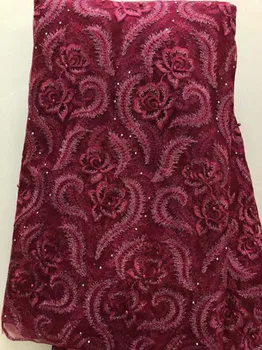 

High Quality Nigerian Lace stone Fabric 2020 With stones African French Net Lace Fabric Embroidered Tulle Mesh Lace HLL3530 wine