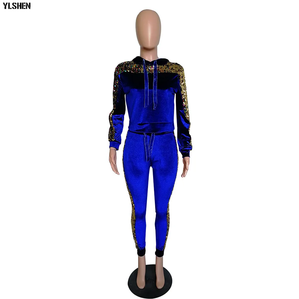 2 Two Piece Set Velvet Tracksuit Women Sexy Sequins Jogging Femme Plus Size Long Sleeve Tops +Pants Sweat Suits Matching Sets 23