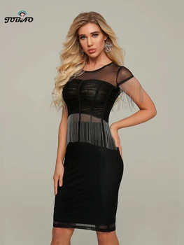 

Top Quality O-Neck Mesh Short Sleeve Beading Dress Women Night Party CLub Black Sexy Elegant Celebrity Bandage Rayon