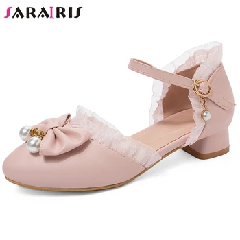 

SARAIRIS Sweet Girl Pearl Sandals Lace Low Heel Ankle Strap Round Toe Solid Consise Sandals Women Leisure Casual Shoes Woman