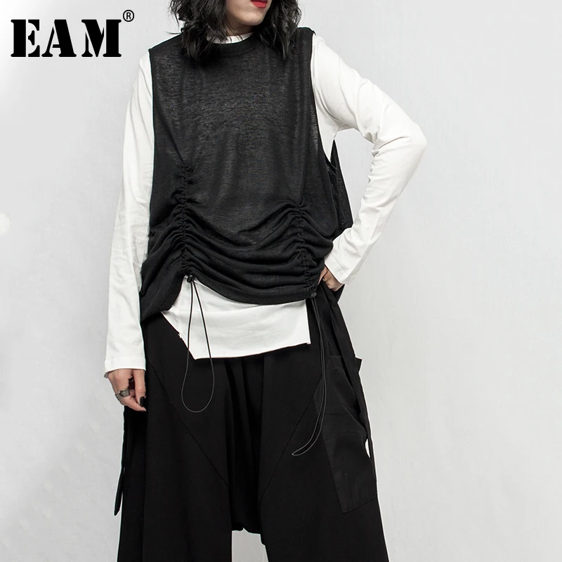 

[EAM] Women Black White Drawstring Split Two Piece T-shirt New Round Neck Long Sleeve Fashion Tide Spring Summer 2020 1S962