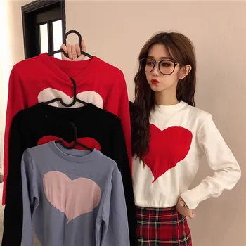 

Women Sweater Autumn Winter 2019 Pullover Jumper Heart Embroidery Knitted Clothing Fashion Crop Cute Jacquard Sweater