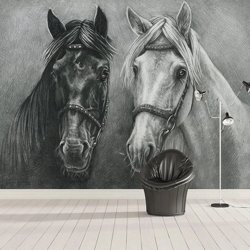 

Custom Photo Mural 3D Creative Hand Painted Black and White Horse Bedroom Study Living Room Wall Decoration Painting Wallpaper