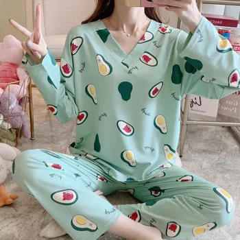 

XIZOU Women's Autumn Two-piece Home Suit Long-sleeved Viscose Cotton Pants Pajamas Female Casual Night Sleepwear Pijama