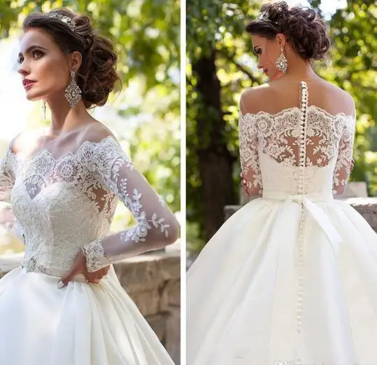 

Custom Made Vintage Novia Wedding Dresses Sheer Crew Neck Long Sleeves Lace Appliques Button Back A-line Bridal Gowns