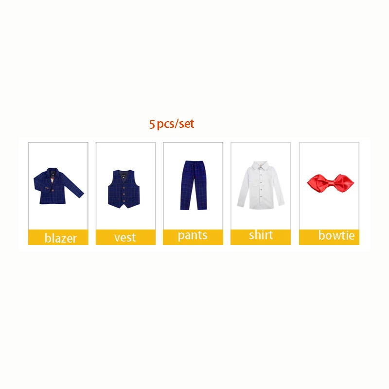 blue 5pcs Детский костюм Foraml, комплект с цветочным принтом для мальчиков, новогоднее платье для приема, Свадебный костюм, детский клетчатый смокинг, жилет, рубашка, костюм с бантом, комплект - Цвет: blue 5pcs