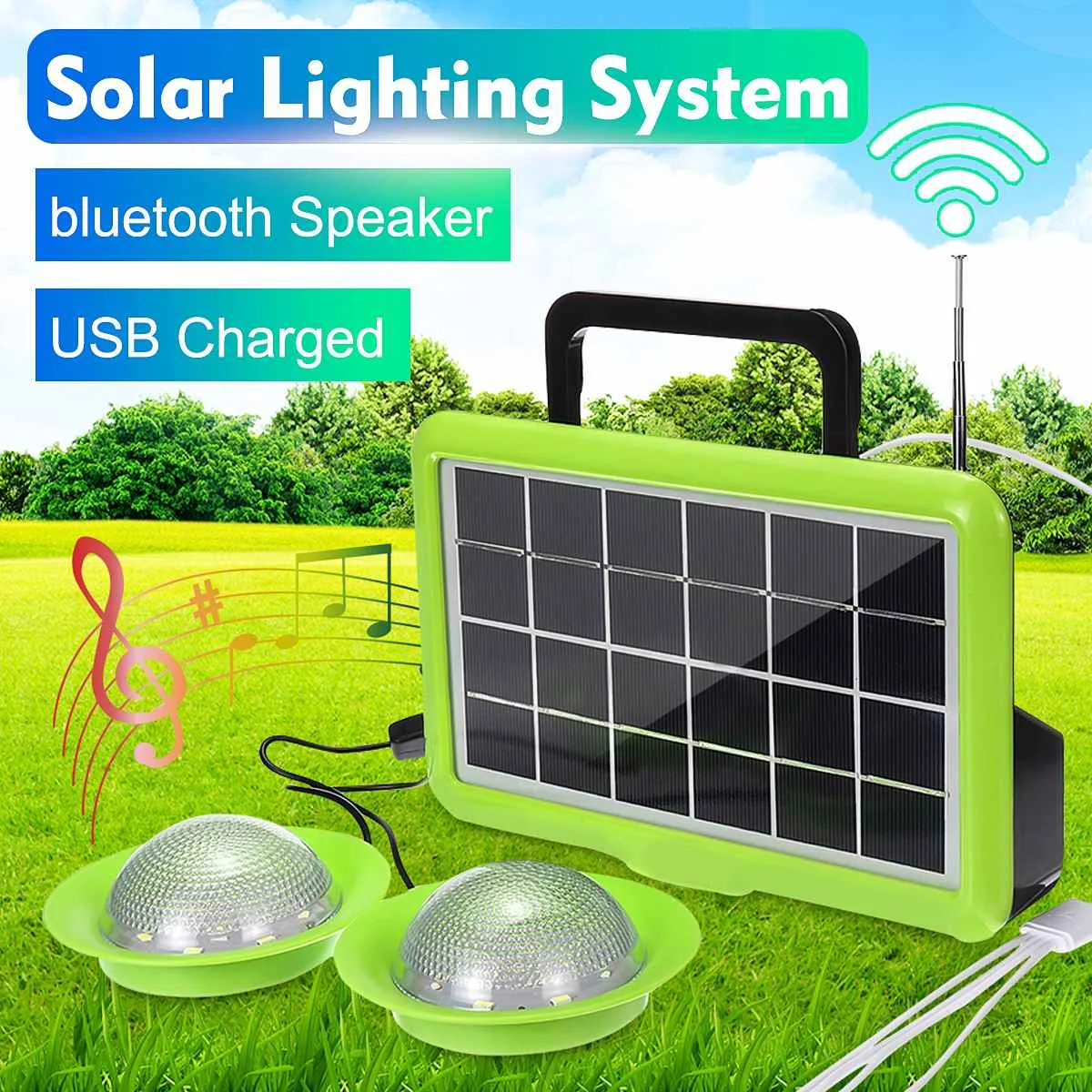 

Outdoor Emergency USB Charging Portable Solar Electric Generator with bluetooth Wireless Stereo Speaker and 2PCS LED Light Bulbs