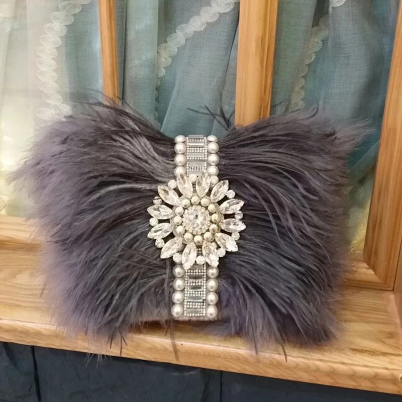 Women evening bag Luxury Real Ostrich Feathers Handbag Women's Pouch Purse Luxury Diamond Evening Party Clutch Bag