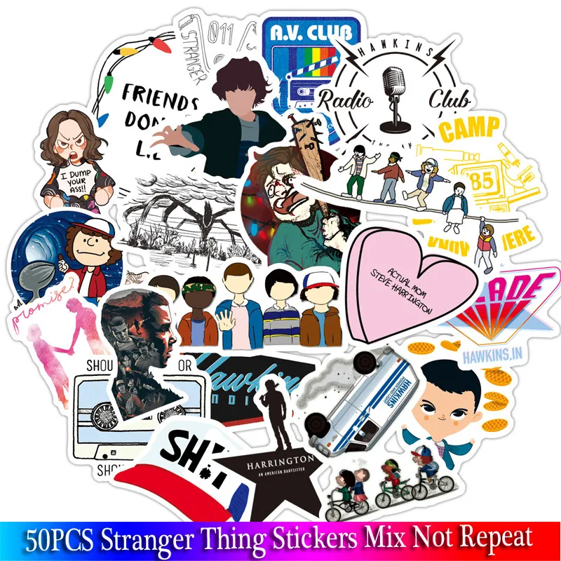 

50PCS 2019 NEW Stranger Thing Stickers Set Anime Toy Sticker For Luggage Skateboard Motorcycle Laptop Waterproof Sticker