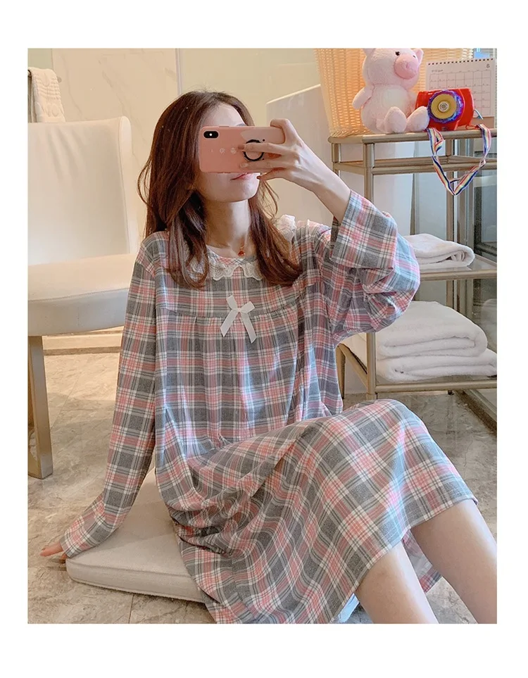 Spring Autumn Casual Plaid Cotton Nightgowns for Women Long Sleeve Loose Night Dress Home Dress Sleepwear Nightdress Nighty