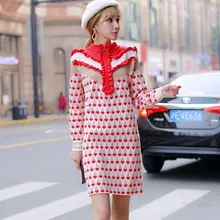 Трикотажное платье, шикарная юбка на раннюю осень, корейское стильное Милое трикотажное платье с оборкой, с воротником-стойкой, на молнии, с красным сердцем