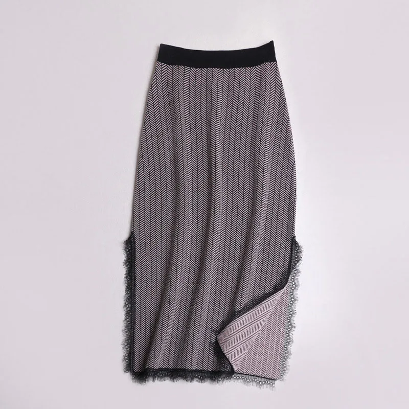 Женская осенне-зимняя новая юбка, кружевная полосатая вязаная длинная юбка, кружевная вязаная юбка с разрезом сбоку, юбка с эластичной резинкой на талии, прямые юбки ML336
