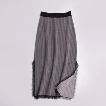 Женская осенне-зимняя новая юбка, кружевная полосатая вязаная длинная юбка, кружевная вязаная юбка с разрезом сбоку, юбка с эластичной резинкой на талии, прямые юбки ML336