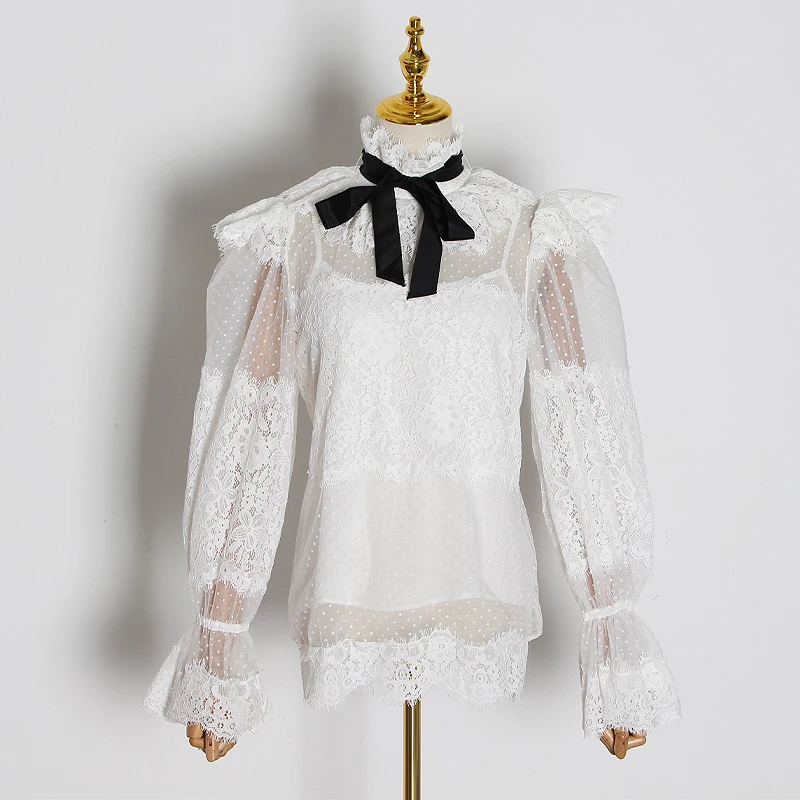 white TWOTWINSTYLE кружевная блузка с цветочным узором в горошек, с оборками, с длинным рукавом, со стоячим воротником, женская блузка, винтажная, осень, новинка - Цвет: white