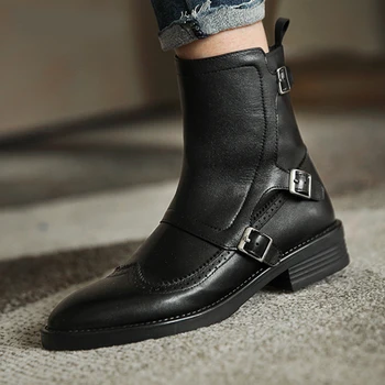 

Autumn New Woman Buckle Chelsea Boots Handmade Genuine Leather Round Toe Shoes Quality Buckle Square Low Heel Lady Boots
